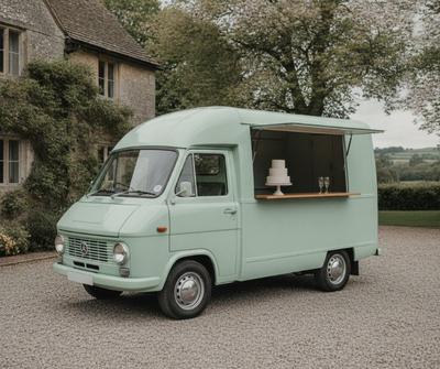 Pale mint green converted catering van with an open side serving hatch at a UK country wedding venue