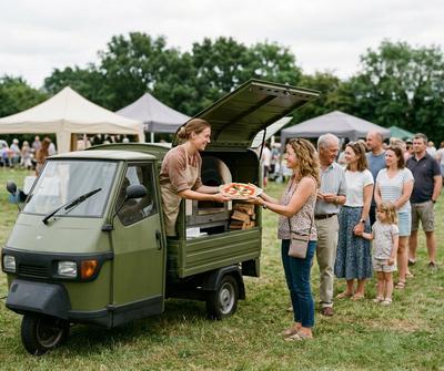 Olive green three-wheel pizza van serving customers at a busy English village fete