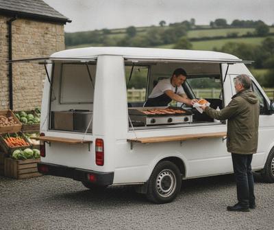 White mobile catering van serving a bacon roll to a customer at a rural farm shop
