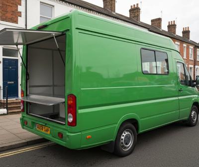 Green mobile catering snack van parked kerbside on a UK high street
