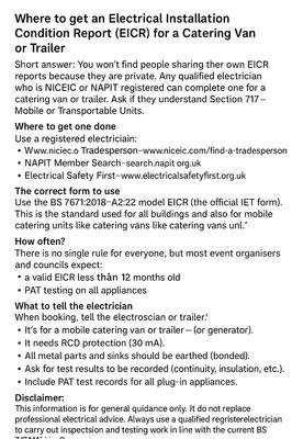 Need an EICR for your catering van or trailer? Use a registered NICEIC or NAPIT electrician who follows BS 7671 Section 717.