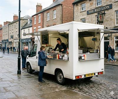 Mobile catering van with serving hatch open showing stainless steel interior