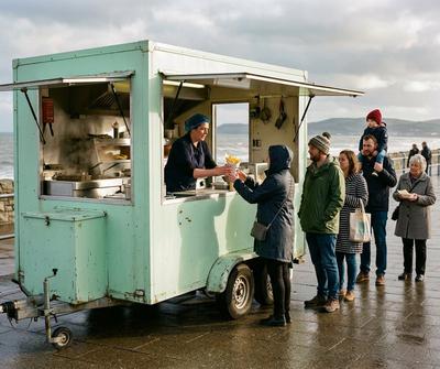 Pale mint green single axle chip trailer serving a queue of customers at a Welsh seaside market