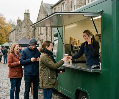 Forest green converted catering van at a Scottish farmers' market, server taking a phone call as customers queue