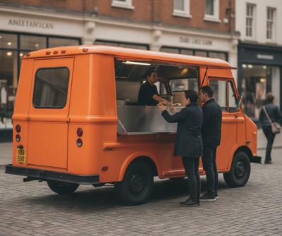 Customers being served at the hatch of an orange street food van on a UK city centre street