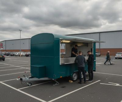 Teal twin-axle catering trailer serving customers in a UK retail store car park