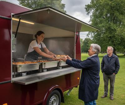 Burgundy mobile catering trailer serving hot casseroles and pies from a bain-marie at a UK outdoor event