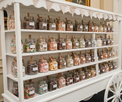 Sweet cart display with glass jars of pick and mix sweets