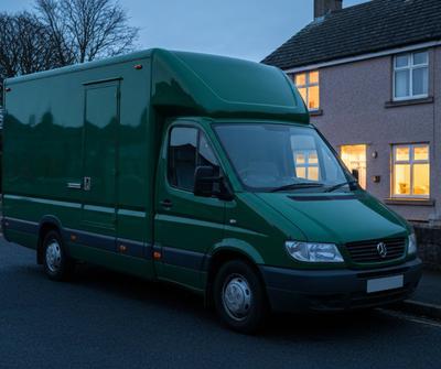 Dark green mobile catering van parked overnight outside a home