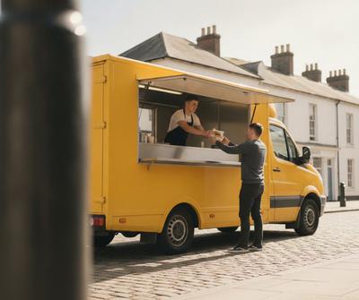 Young member of staff serving a customer at the hatch of a yellow catering van
