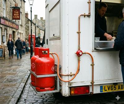 Propane gas bottles connected to a mobile catering van with safety regulator