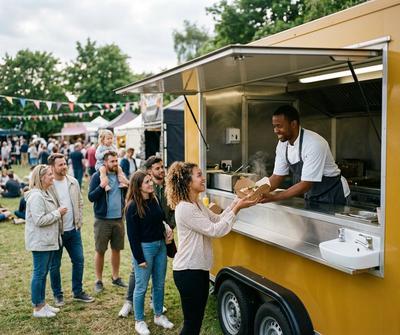 Mustard twin-axle catering trailer serving Caribbean food to a queue at a busy UK summer food fair