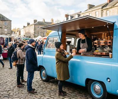 Sky blue converted coffee van serving a queue of customers at a UK town market on a bright morning