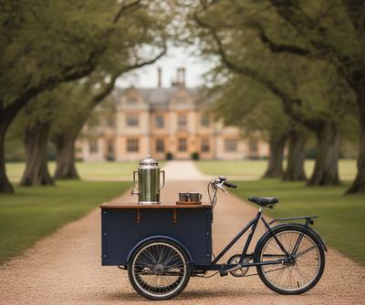 Navy blue vintage three-wheeled coffee trike on a National Trust parkland path