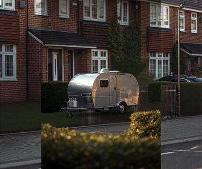 Catering trailer parked on a residential driveway for home food delivery