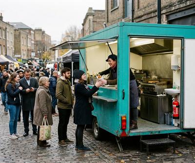 Teal single-axle food trailer serving lunchtime customers at a busy London street market