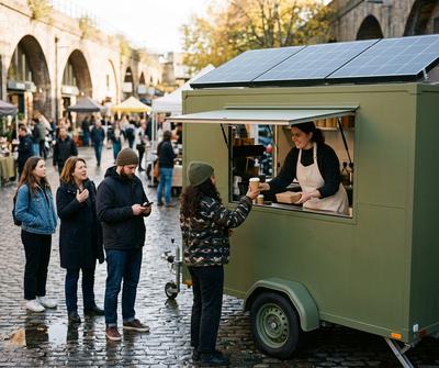 Olive green single-axle catering trailer with roof solar panels serving lunch to a queue at a London market