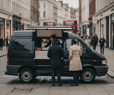 Black street food van with a side serving hatch and customers on a busy London West End street