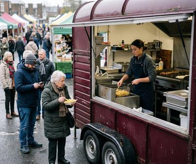 Burgundy twin-axle catering trailer serving chips and burgers to a queue at a busy UK Saturday market